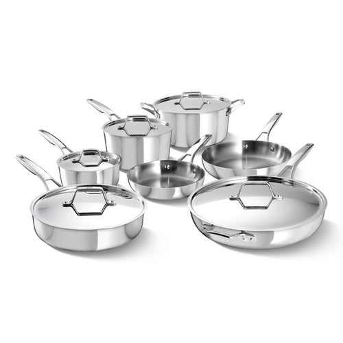 Calphalon Premier Polished 5-Ply Stainless Steel Cookware Set w/Turbo Heat Tech 12 Piece Includes Frying Pans, Pots and Pans Set, Induction, Oven Safe 500F, PFOA Free, Polished Stainless Silver
