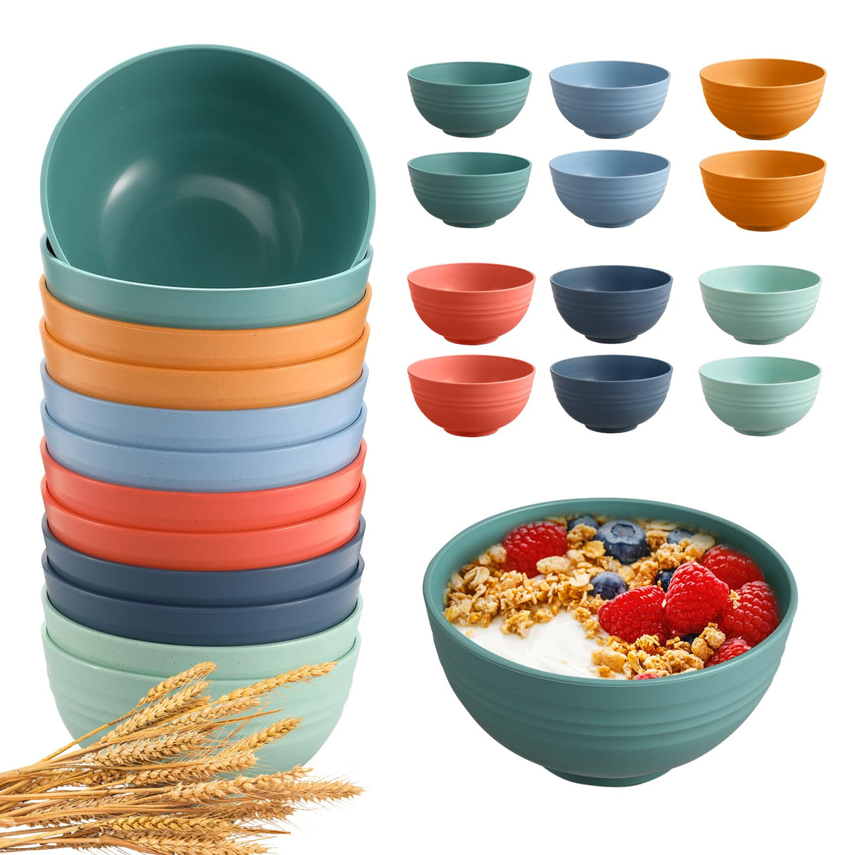 HEYCOME 12 Pcs Unbreakable Cereal Bowls Set, 26 Oz Wheat Straw Bowls Set, Microwave & Dishwasher Safe Rice Bowls for Kitchen, Reusable Plastic Bowls for Soup, Salad and Snack, BPA Free, Multicolor