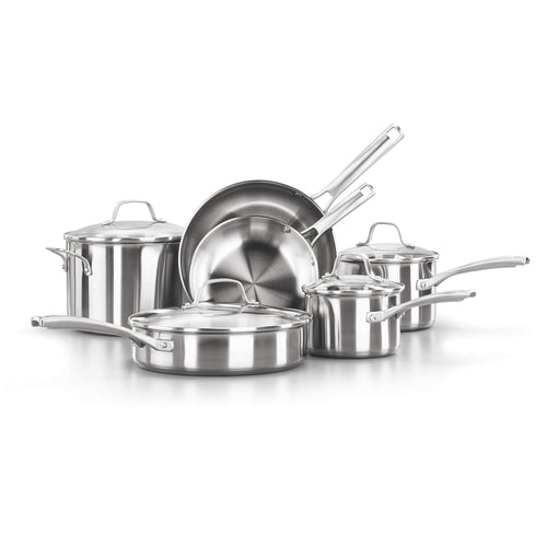 Calphalon Classic Stainless Steel Cookware Set, 10-Piece, Impact-Bonded Aluminum Base, Stay-Cool Handles, Oven Safe 450F, Silver