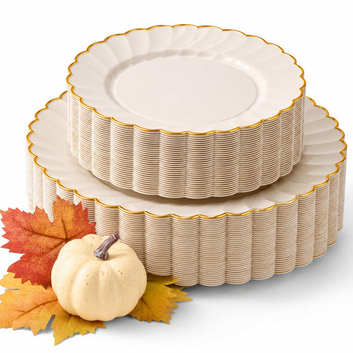 By Madee HEAVYWEIGHT Ivory Gold Scalloped Plastic Plates for Wedding 60 Pc | 30% Heavier • Heavy Duty Thanksgiving Plates • 30 Dinner & 30 Dessert • Friendsgiving Plates • Host Beautifully This Fall