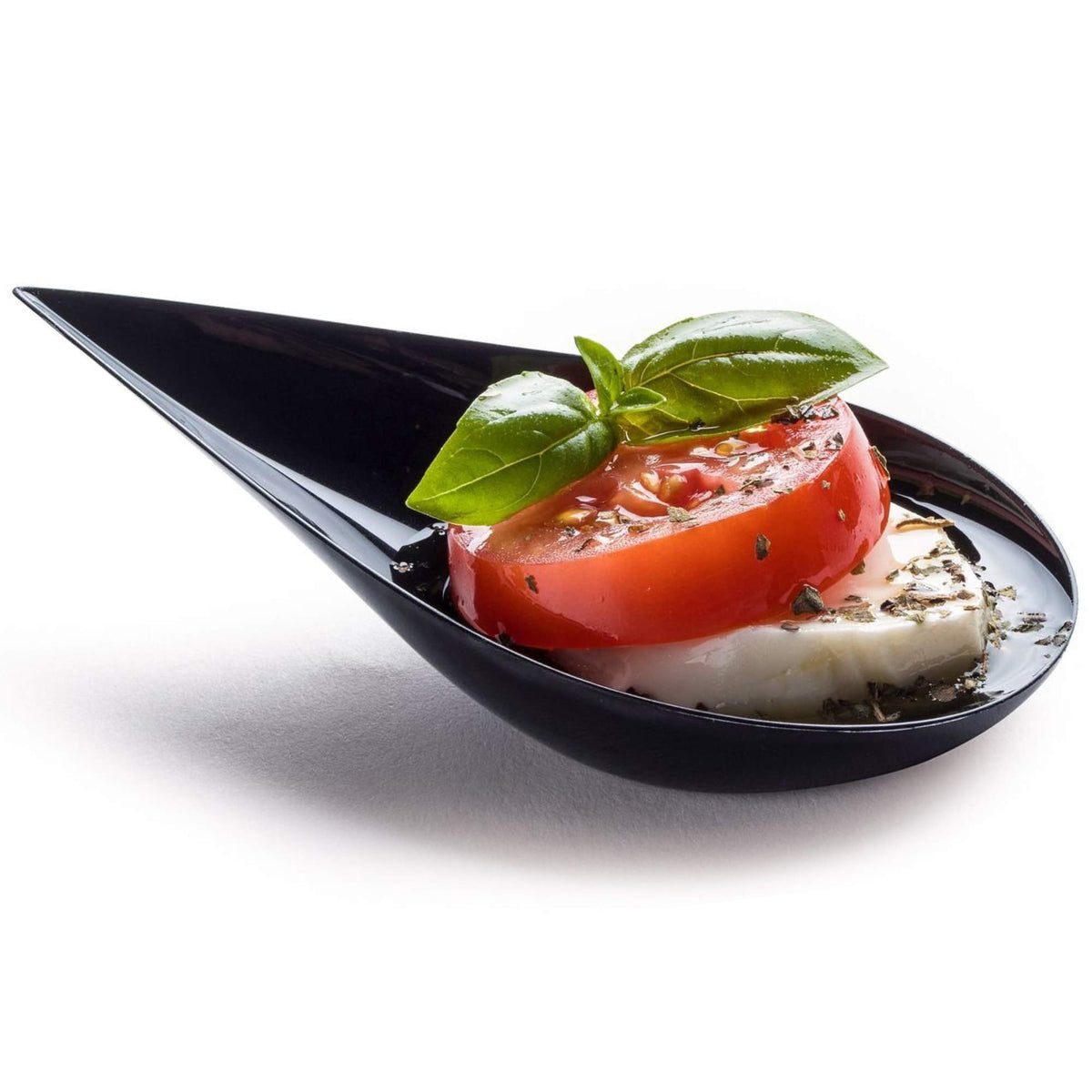 DLux 100 4-in Tear Drop Mini Appetizer Plates, Black | Reusable Plastic Spoons, Desserts & Appetizers Dishes Serving Plate, Asian Set Small Catering Tasting Cups with Recipe Ebook