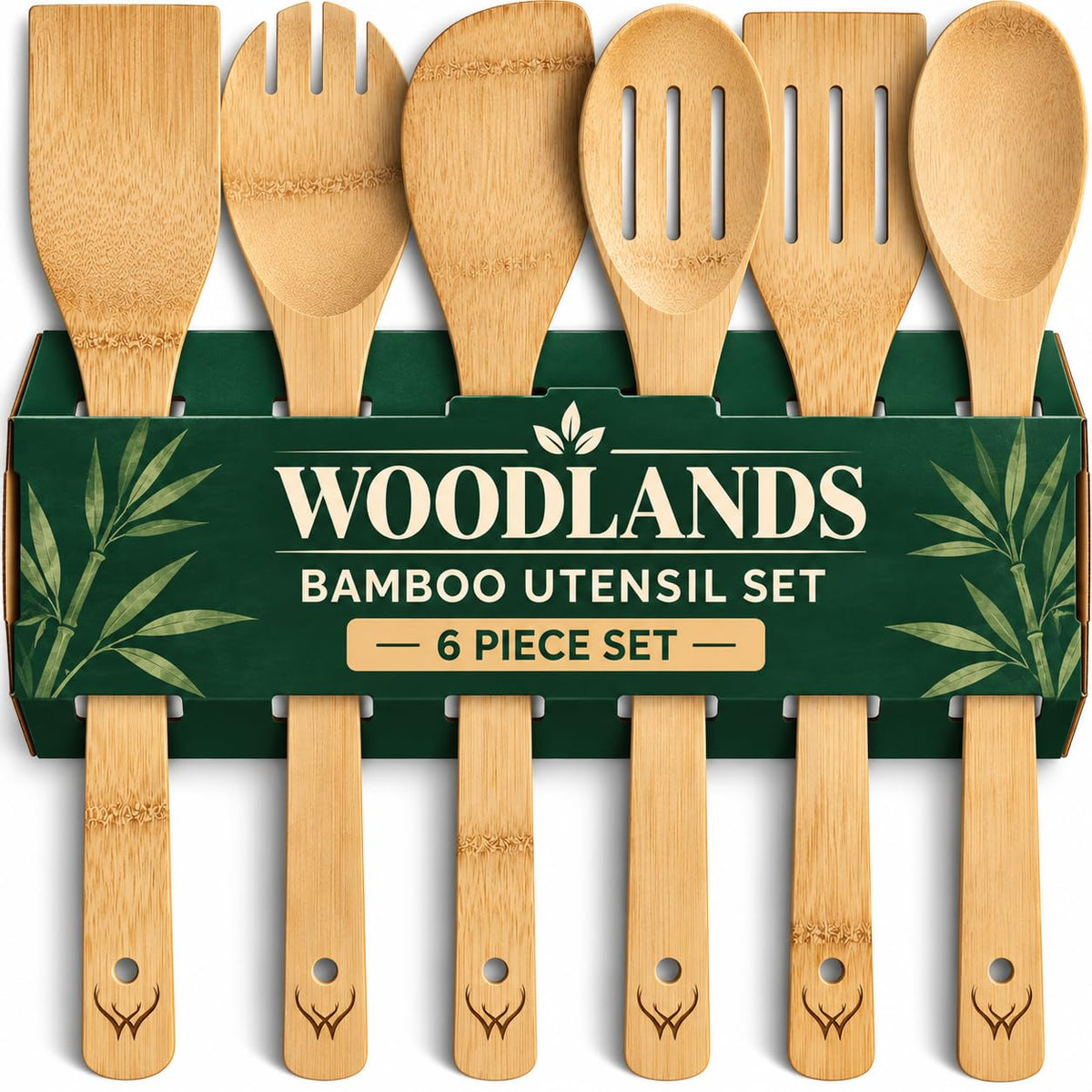 Prime Bamboo Wooden Spoons for Cooking Set of 6 Pcs – Wooden Cooking Utensils with Long Handle, Includes Flat Wood Spoon, Bamboo Spatula, and Slotted Spoon for Kitchen Utensils Set