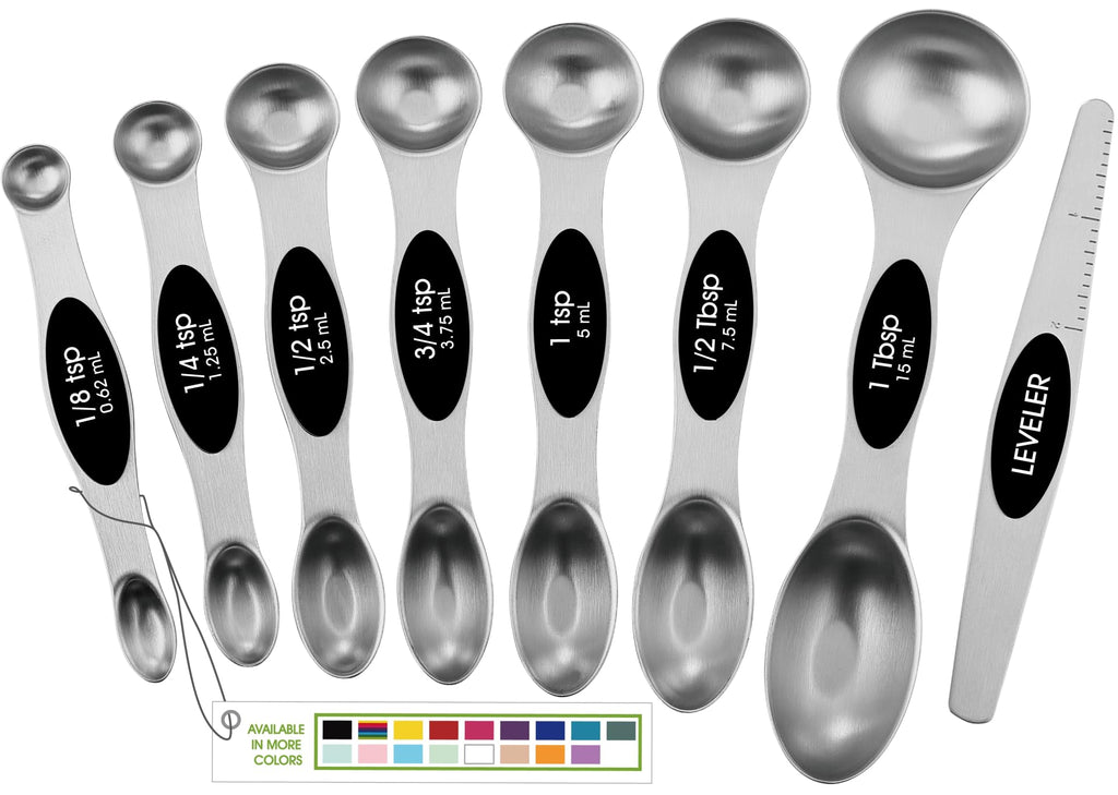Spring Chef Stainless Steel Magnetic Measuring Spoons Set of 8, Black | Dual Sided Metal Teaspoon & Tablespoon Measuring Spoons with Leveler for Dry & Liquid Ingredients, Nesting, Dishwasher Safe