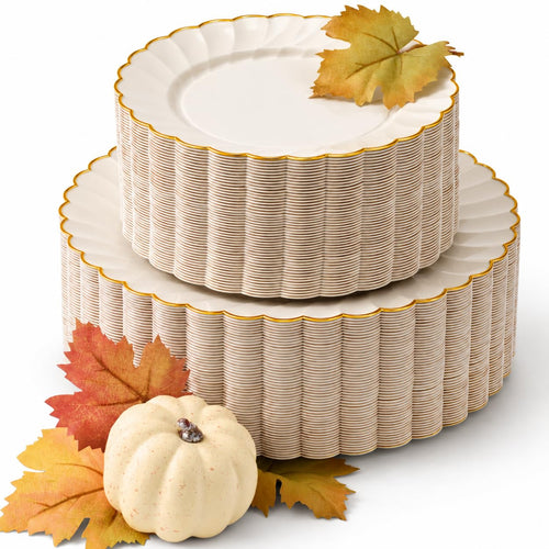 By Madee HEAVYWEIGHT Ivory Gold Scalloped Plastic Plates for Wedding 100 Pc | 30% Heavier • Heavy Duty Thanksgiving Plates • Thanksgiving Plastic Plates • 50 Dinner & 50 Dessert • Beautiful Fall Hosting