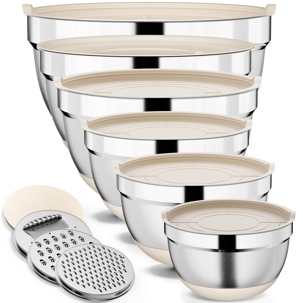 Hybemmy 9 Pack Mixing Bowls with Airtight Lids & Grater Attachments, Khaki | Stainless Steel Bowl, Non-slip Bases, Nesting Kitchen Bowl, Size 5, 4, 3, 2, 1.5,1QT,for Food Prep, Baking, Storage & Serving