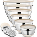 Hybemmy 9 Pack Mixing Bowls with Airtight Lids & Grater Attachments, Khaki | Stainless Steel Bowl, Non-slip Bases, Nesting Kitchen Bowl, Size 5, 4, 3, 2, 1.5,1QT,for Food Prep, Baking, Storage & Serving