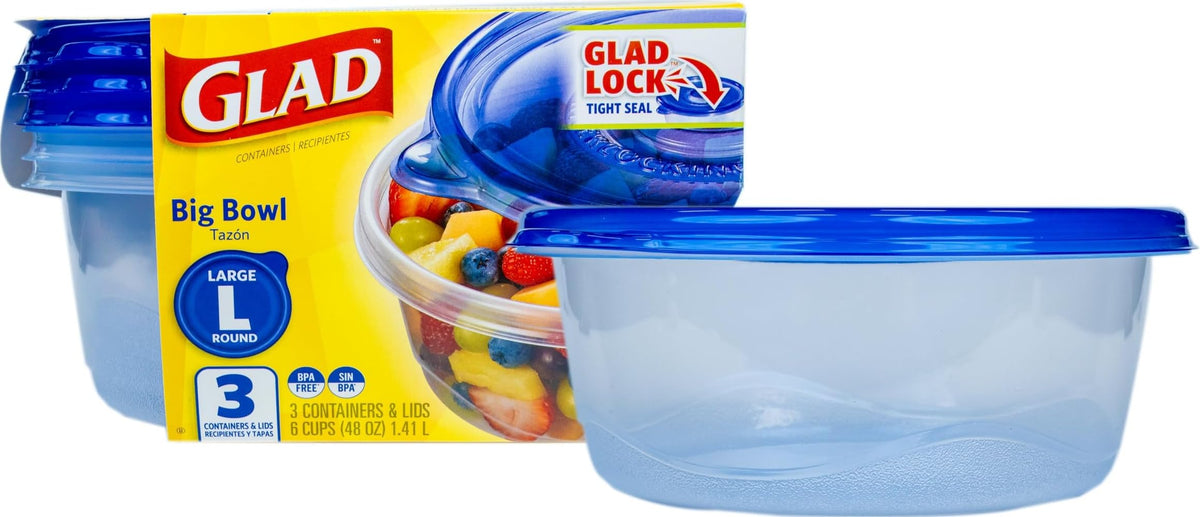 Glad GladWare Big Bowl Food Storage Containers, Large Round, 48 Oz, 3 Count | Lock-tight seal for soups, salads, and meal prep in a large round format, microwave and dishwasher safe