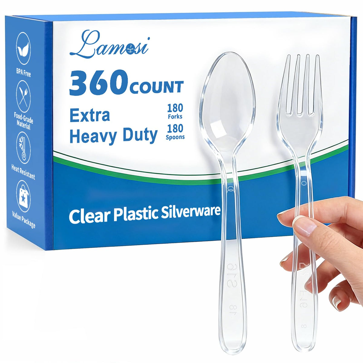 Lamosi 360 Count Extra Heavy Duty Clear Plastic Forks and Spoons | Disposable Plastic Silverware BPA-Free, Heat Resistant for Wedding Party Supplies, 180 Forks, 180 Spoons