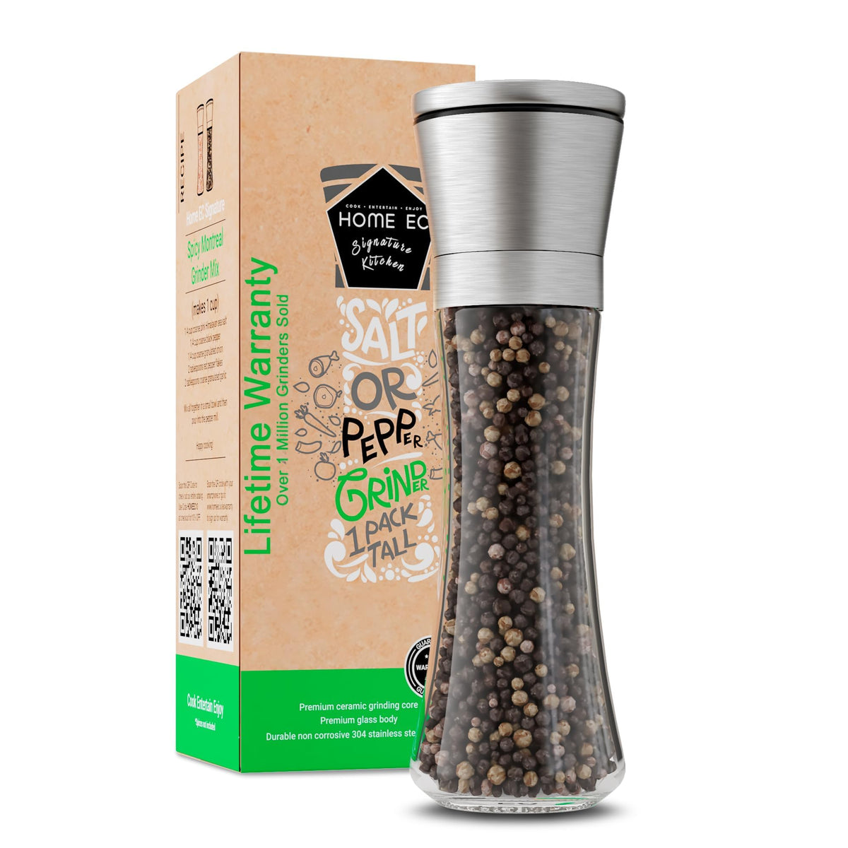 HOME EC Original Stainless Steel Salt or Pepper Grinder 1pk - Adjustable Ceramic Sea Salt Grinder or Pepper Mill - Tall Glass Spice Shaker - Spice Mill w/EBook