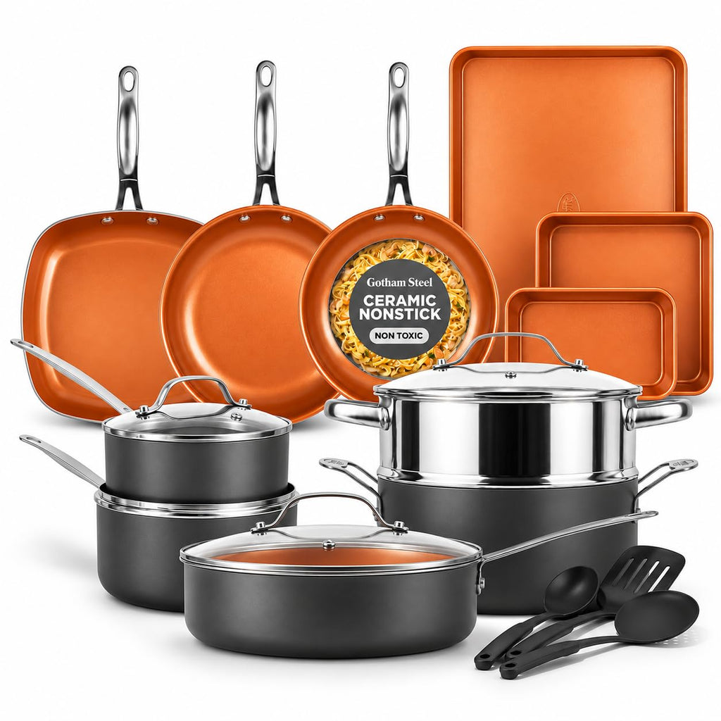 GOTHAM STEEL 20 Pc Titanium Ceramic Cookware Set, Diamond Infused, Copper