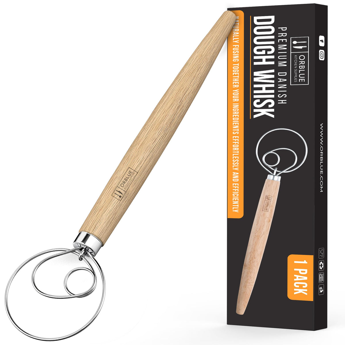 ORBLUE Premium Danish Dough Whisk - Dutch Whisk with Stainless Steel Ring - Danish Whisk for Bread, Pastry or Pizza Dough, 13-inch 1-PACK