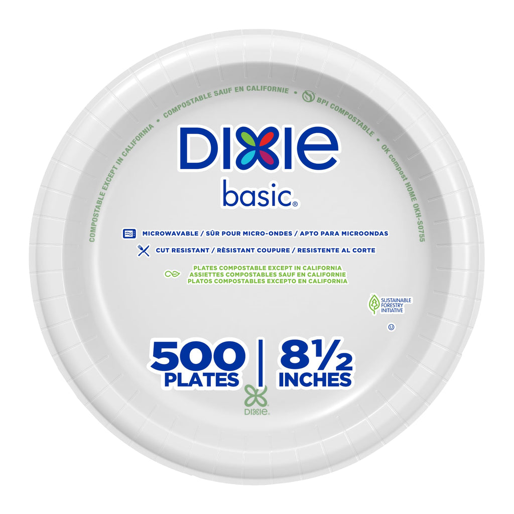 Dixie Basic 8.5 Inch Light-Weight Paper Plates By GP PRO, White, 500 Count (125 Disposable Plates Per Pack, 4 Packs Per Case), DBP09W