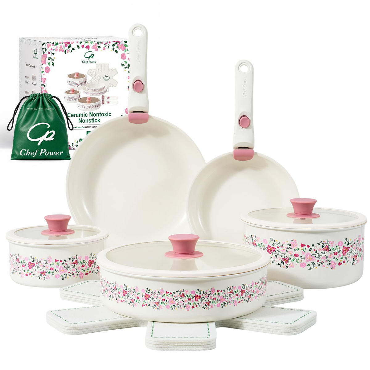 Chef Powe Ceramic Cookware Set Non Toxic, 14Pcs Detachable Pans and Pots