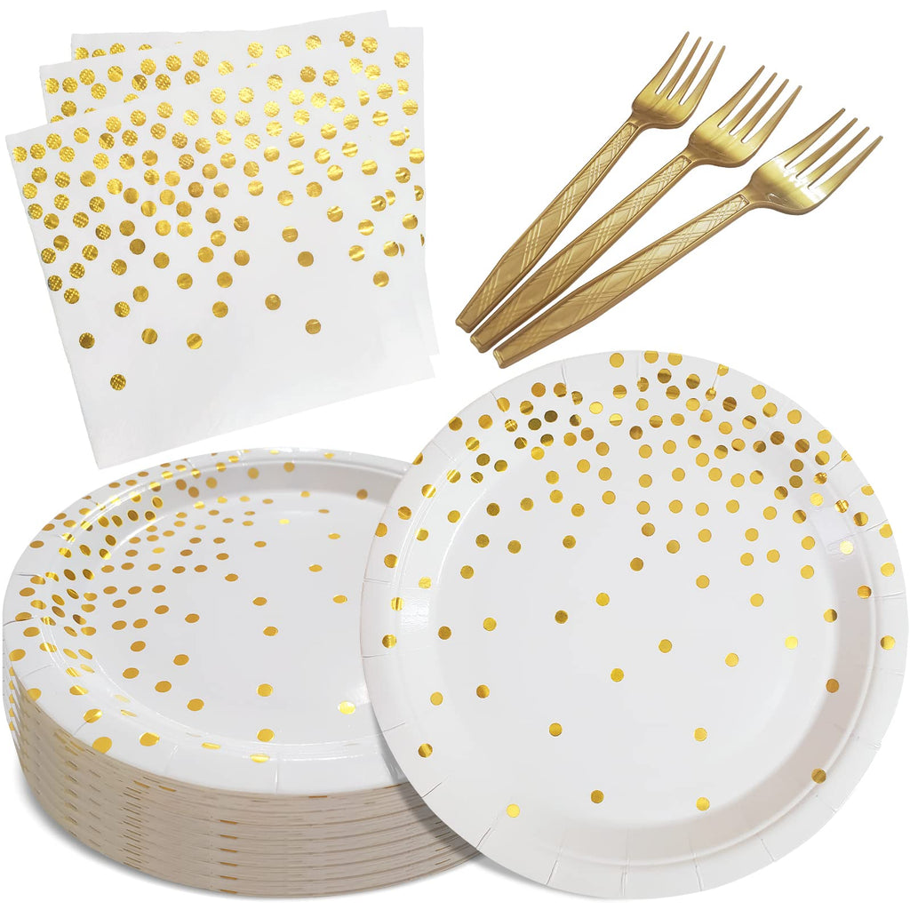 WXLDGHQ White and Gold Paper Plates Napkins Party Supplies | Disposable Gold Dot Paper Dessert Plates,105 PCS Birthday Plates and Napkins Party Supplies for Wedding(Serves 35 Guests 7")