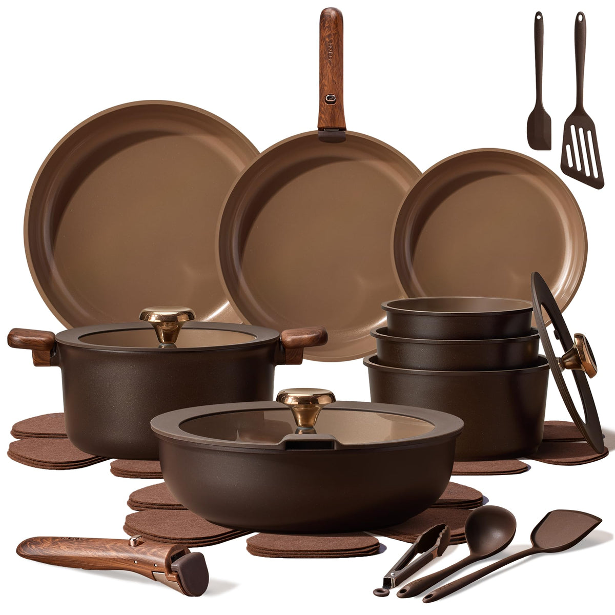 CAROTE 25pcs Ceramic Cookware Set, Pots and Pans Set with Detachable Handle