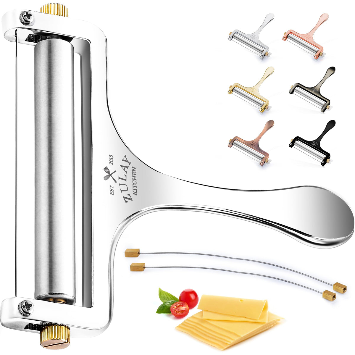 Zulay Kitchen Stainless Steel Wire Cheese Slicer, Cheese Cutter, Silver | Cheese Knife For Block, Adjustable Handheld Cheese Wire & 2 Extra Blades for Charcuterie, Mozzarella, Cheddar & More