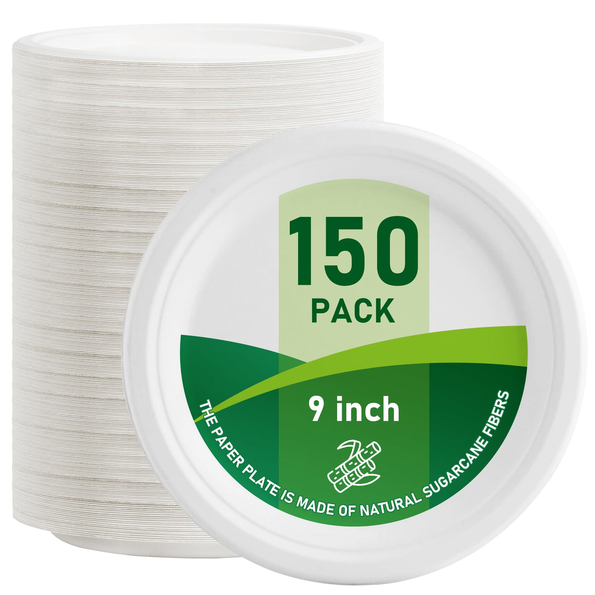 VPACKDUO 150 Pack Compostable Paper Plates 9 Inch | Heavy Duty Disposable Dinnerware, White Paper Plates Made of Biodegradable Bagasse Sugarcane Fiber