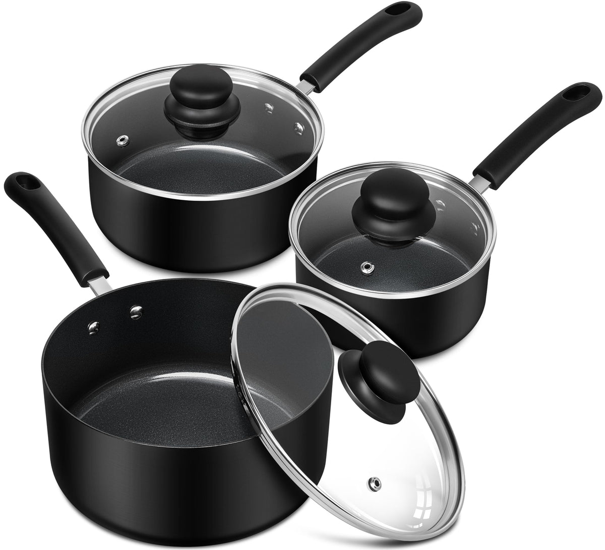 MICHELANGELO Nonstick Saucepan with Lid, Ceramic Sauce Pan Sets, Easy to Clean Sauce Pans, Multi-Purpose Cooking Pots, 1QT & 2QT & 3QT, Black
