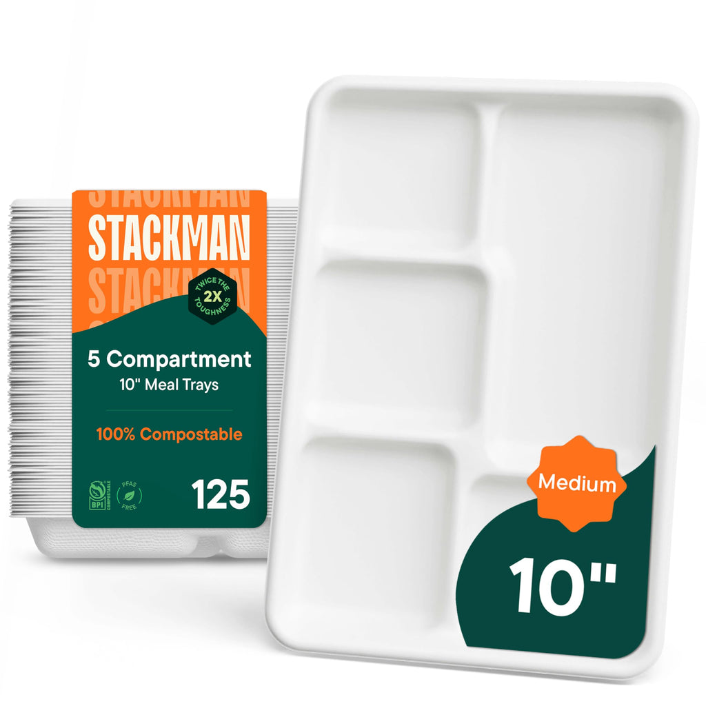 100% Compostable 5-Compartment Tray [125-Pack] Heavy Duty Bagasse Plates | Eco-Friendly Biodegradable School Lunch Tray Made of Sugar Cane Fibers, PFAS-Free & BPI Certified White Divided Platter