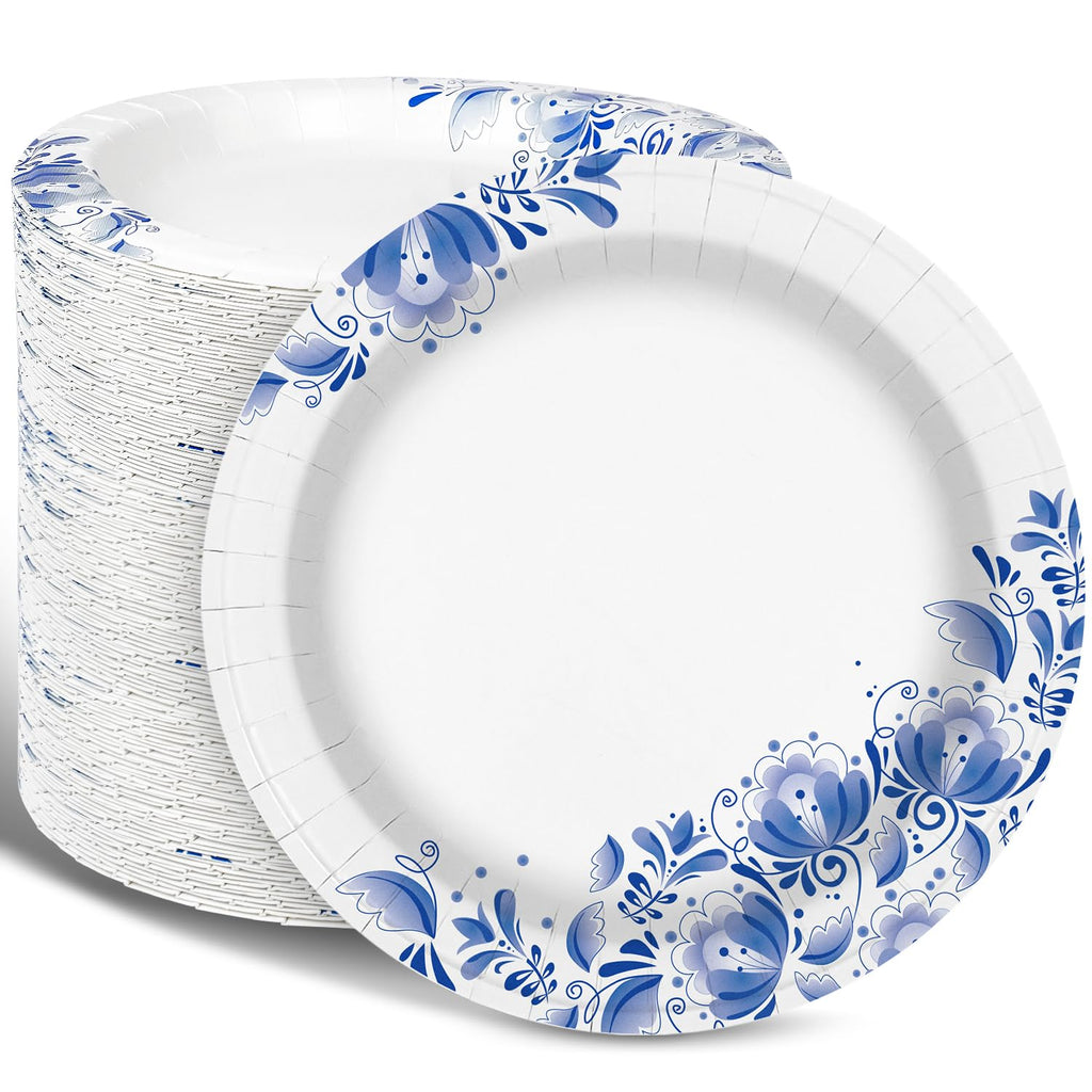 Charmount Paper Plates Bulk 8.5 Inch, 150pcs Disposable Blue Paper Plates | for Parties and Daily Use, Soak Proof, Cut Proof, Flower Printed