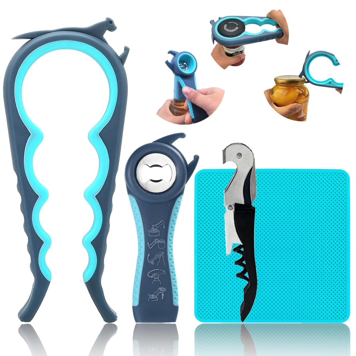 Jar Opener for Weak Hands, Seniors with Arthritis, 5 in 1 Bottle Opener | Multi-use Lid Opener Set with Non-slip Rubber Gripper Pad & Wine Opener, Great for Senior Parents, Grandparents or Loved Ones