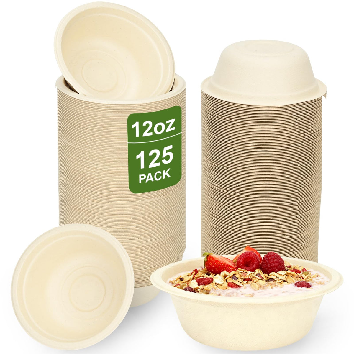 Neyimqr 125 Pack 12 OZ Paper Bowls, Natural Compostable Disposable Soup Bowls, Eco-Friendly Bagasse Serving Plates and Bowls for Hot Food or Cold Use