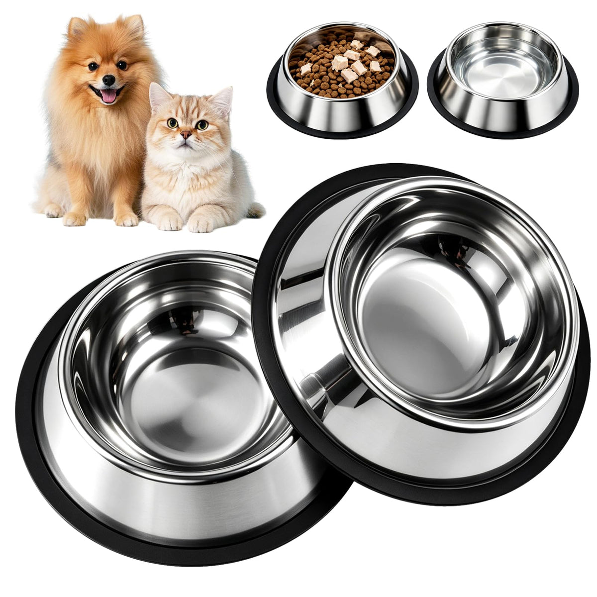 OneBug 13 Oz Steel Stainless Cat Dog Pet Food Water Shallow Dish Bowl, 2Pcs | 13 Fl / 384.5 Ml, Metal, Anti Spill, No Tip, Whisker Friendly, Removable Wide Base, Dishwasher Safe, Easily Clean, Sturdy
