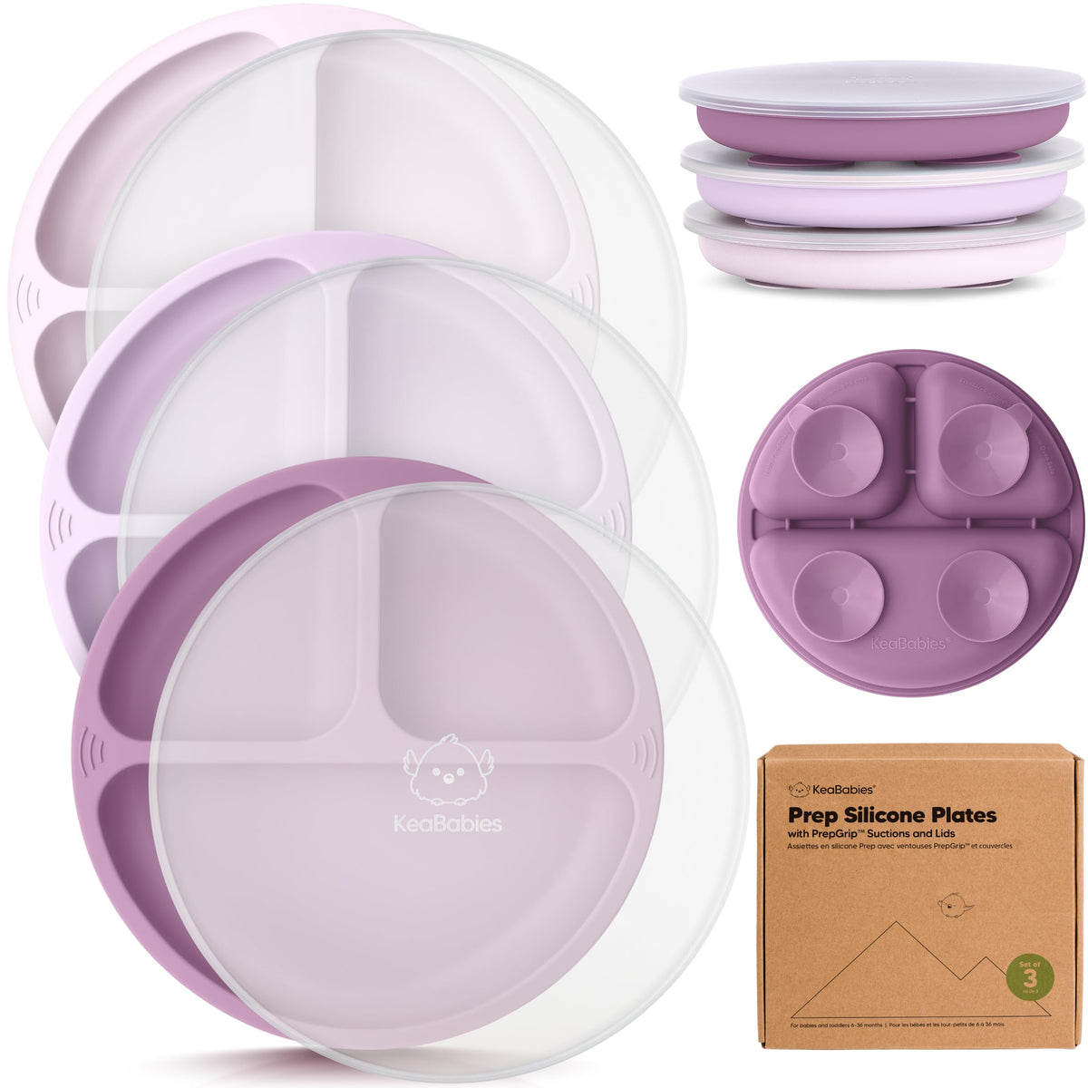 KeaBabies Suction Plates with Lids for Baby, 3pk,BPA-Free Silicone,Amethyst | Food Grade Silicone Toddler Plates with Suction, Divided, Kids Baby Led Weaning Essentials, Dishwasher & Microwave Safe