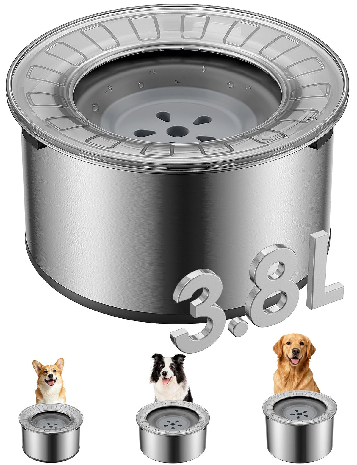 Heouvo 1 Gallon No Spill Dog Water Bowl with Slow Drink Floating Disk(Gray) | Splash-Proof Lid + Stainless Steel Bowl/Rubber Bottom/Slobber Stopper Water Bowl for Large Sloppy Messy Drinkers Reduce Mess