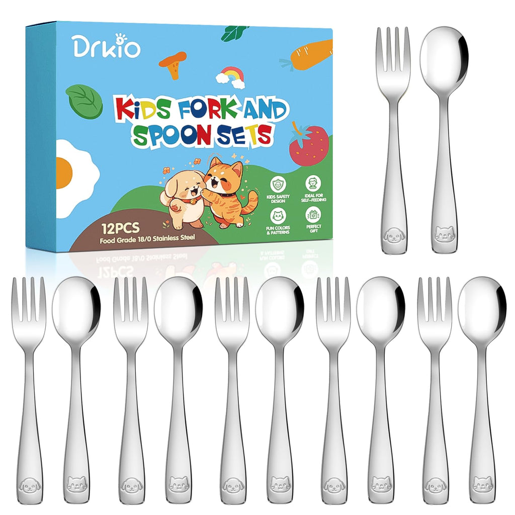 DRKIO 12Pcs Stainless Steel Toddler Utensils Small Metal Kids Silverware | Food-grade, Ideal Transitional Baby Forks and Spoons, Cute pattern, Designed for Children, Dishwasher Safe, Mirror Polished