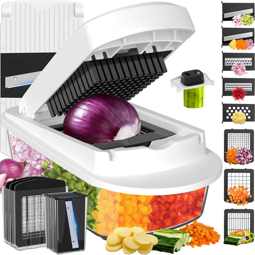 8-Blade Cook Tool & Gadget Sets, Egg Slicer Chopper Grater Set, White | Egg Slicer Vegetable Chopper Mandoline Food Grater with Container for Onion, Veggie Salad