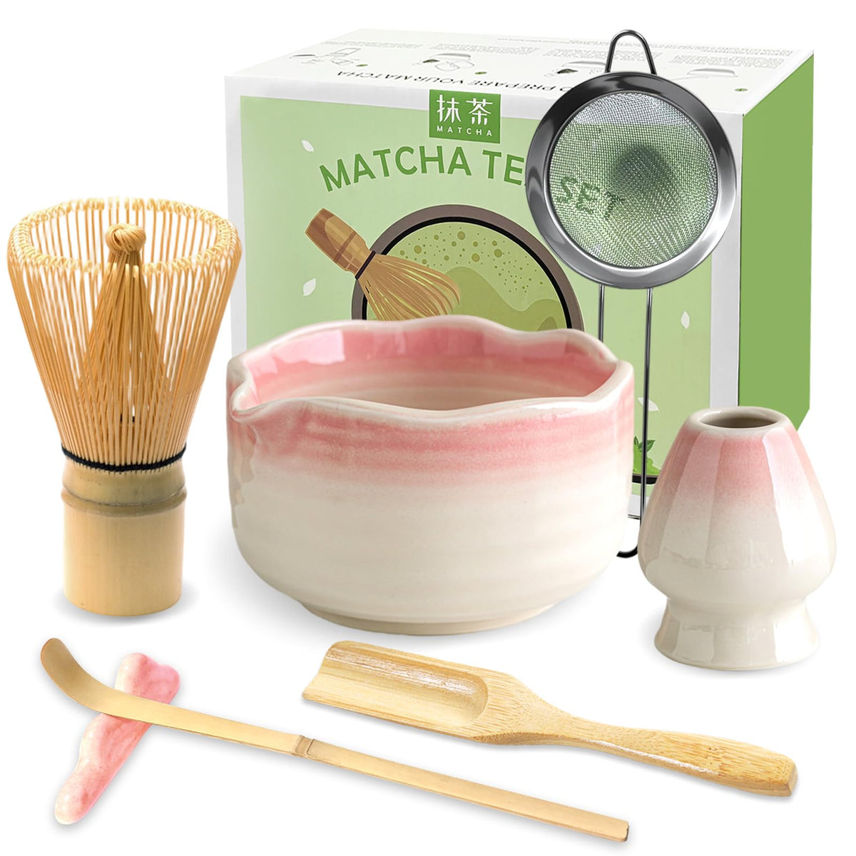 JBER Matcha Whisk Set, 7PCS Matcha Set with Bamboo Whisk and Ceramic Bowl | Complete Matcha Kit Includes 17oz Bowl, Handmade Whisk 100 Prongs, Holder, Spoon, Sifter for Matcha Lovers, Gradient Pink