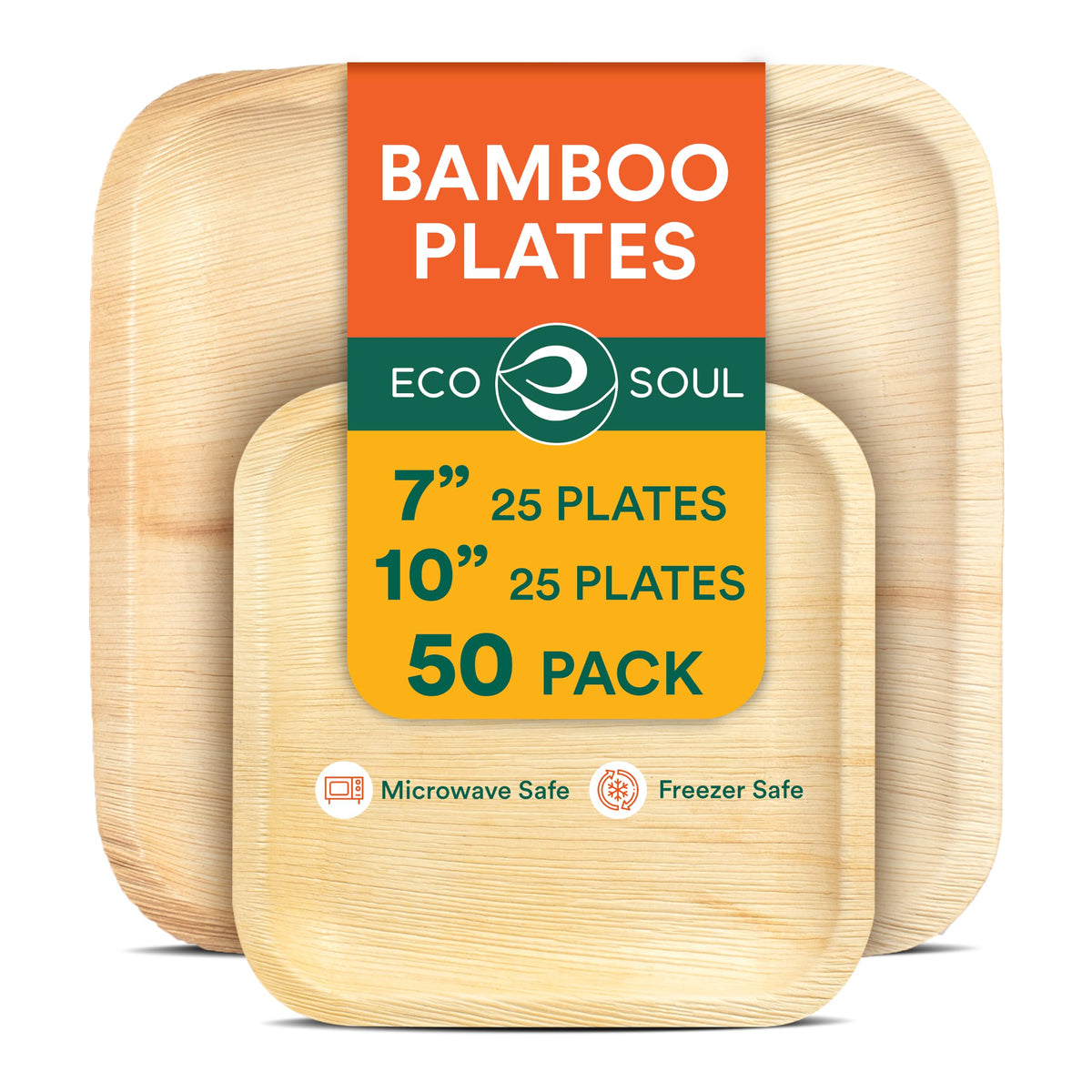 ECO SOUL 7 & 10 Inch Disposable Bamboo Bundle Plates (50 Pack) | Premium, Natural, Food-Safe, Heavy Duty, Compostable, Eco-Friendly, Biodegradable,Parties, Weddings, BBQs
