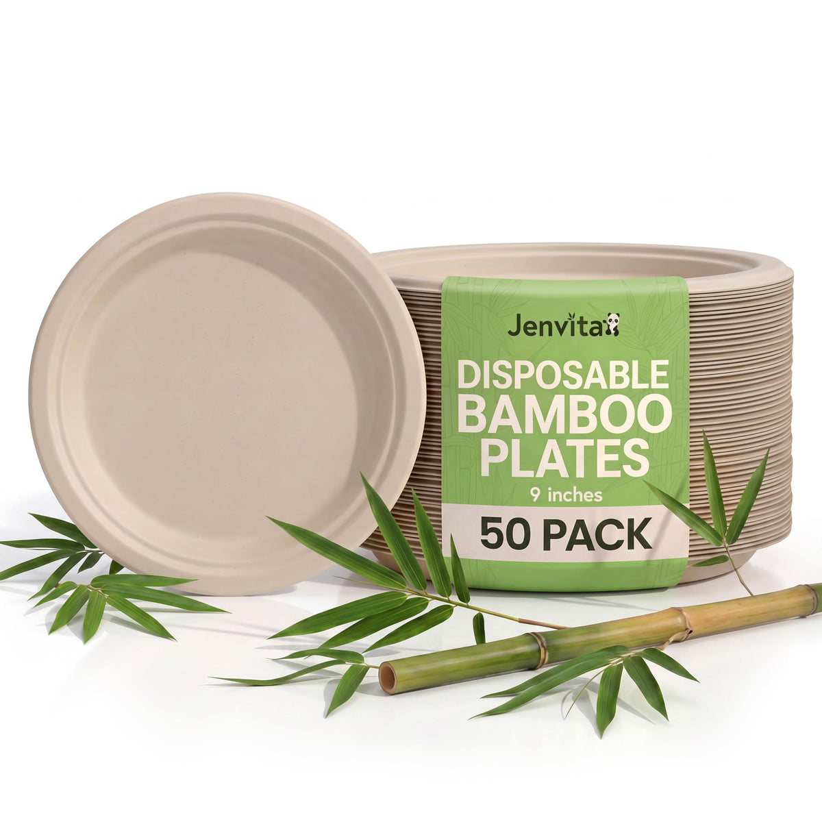 Jenvita Bamboo Paper Plates, 50 Pack, 9 Inch Disposable | Sturdy, Microwave Safe, Compostable, Heavy Duty, PFAS Free, Biodegradable, FSC Certified, Plastic Alternative