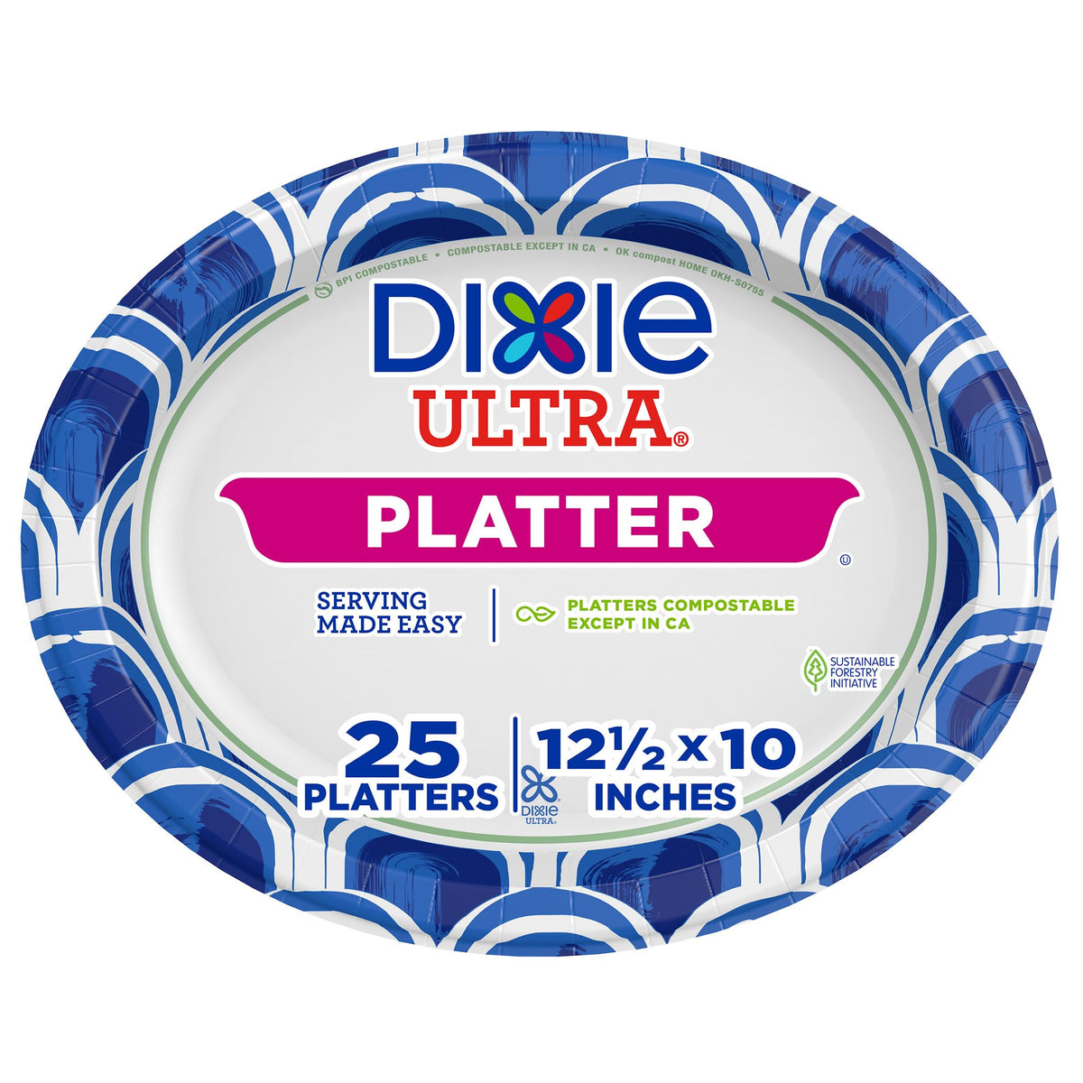Dixie Ultra Disposable Paper Platters, 10" x 12.5", 25 Count | Serving platters for appetizers, side dishes, and party food, durable, sturdy design with leak resistance and easy cleanup