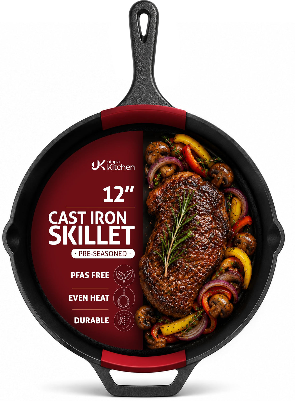 Utopia Kitchen Cast Iron Skillet 12 Inch Pre-Seasoned PFAS-Free Black