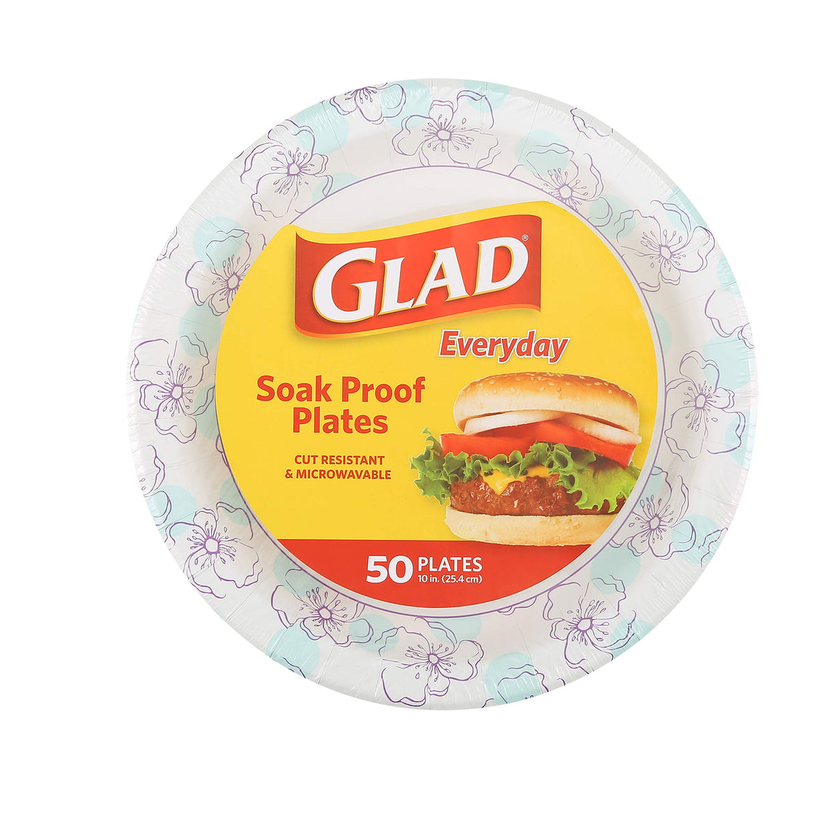 Glad Round Paper Plates, Blue Flower Design, 10 Inch, 50 Count | Heavy-duty, soak-proof, cut-resistant plates for meals, parties, picnics, and events