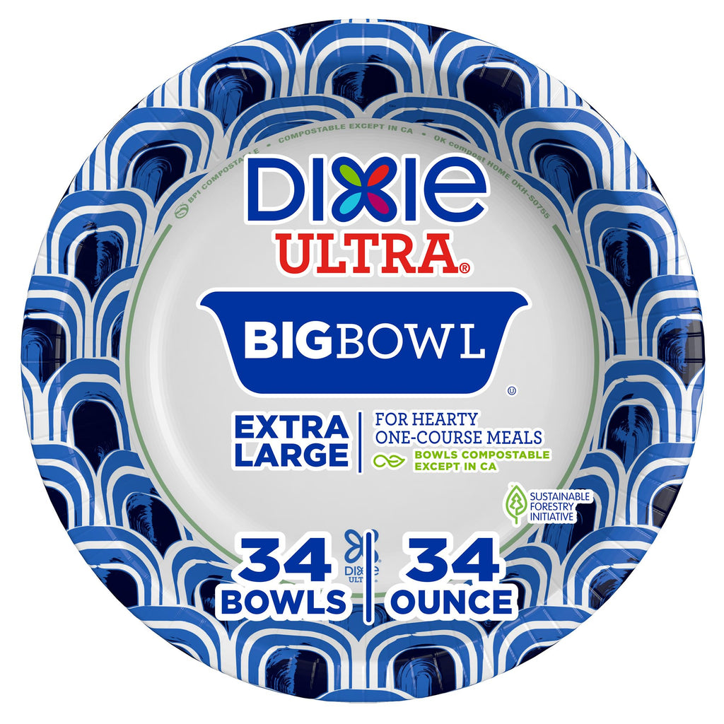 Dixie Ultra Large Paper Bowls, 34 oz Disposable Bowls, 34 Count | Heavy duty paper bowls for easy cleanup, Disposable bowls for hot soup, microwave safe, soak-proof shield, durable