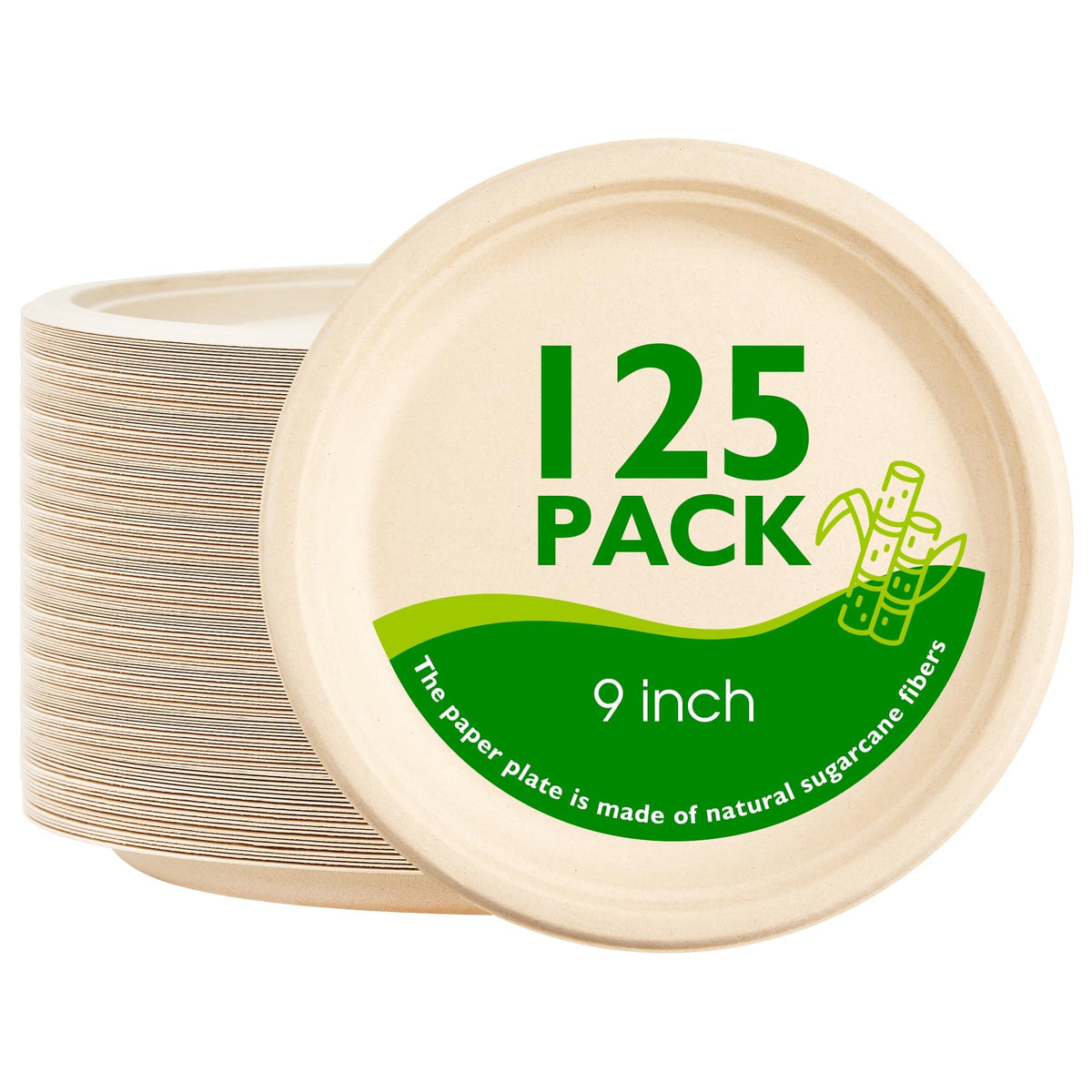 PACKINNO 9 Inch Compostable Paper Plates 125 Pack | Heavy Duty Paper Plates, Round Unbleached Disposable Paper Plates Made from Sugarcane Fibers