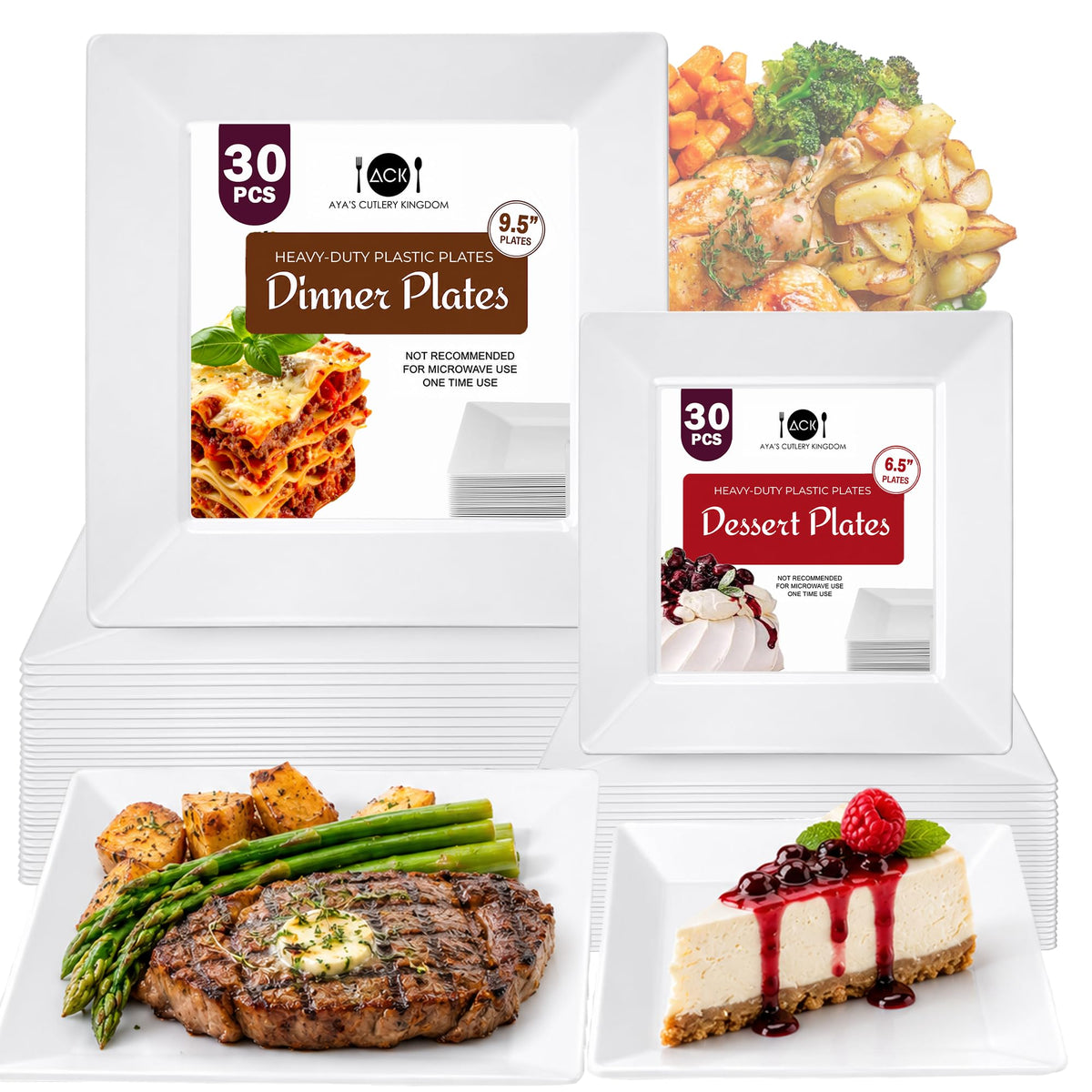 [60 PCS] Square Plastic Plates for Party | White Disposable Plastic Plates | 9.5-Inch 30 Dinner & 6.5-Inch 30 Salad Plates | Hard Plastic Plates Disposable for Parties, Wedding, Christmas & Thanksgiving