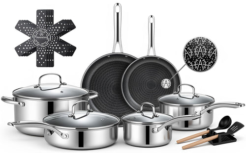 Ammeloo 17 Pcs Stainless Steel Cookware Set, Pots and Pans Set Non Stick
