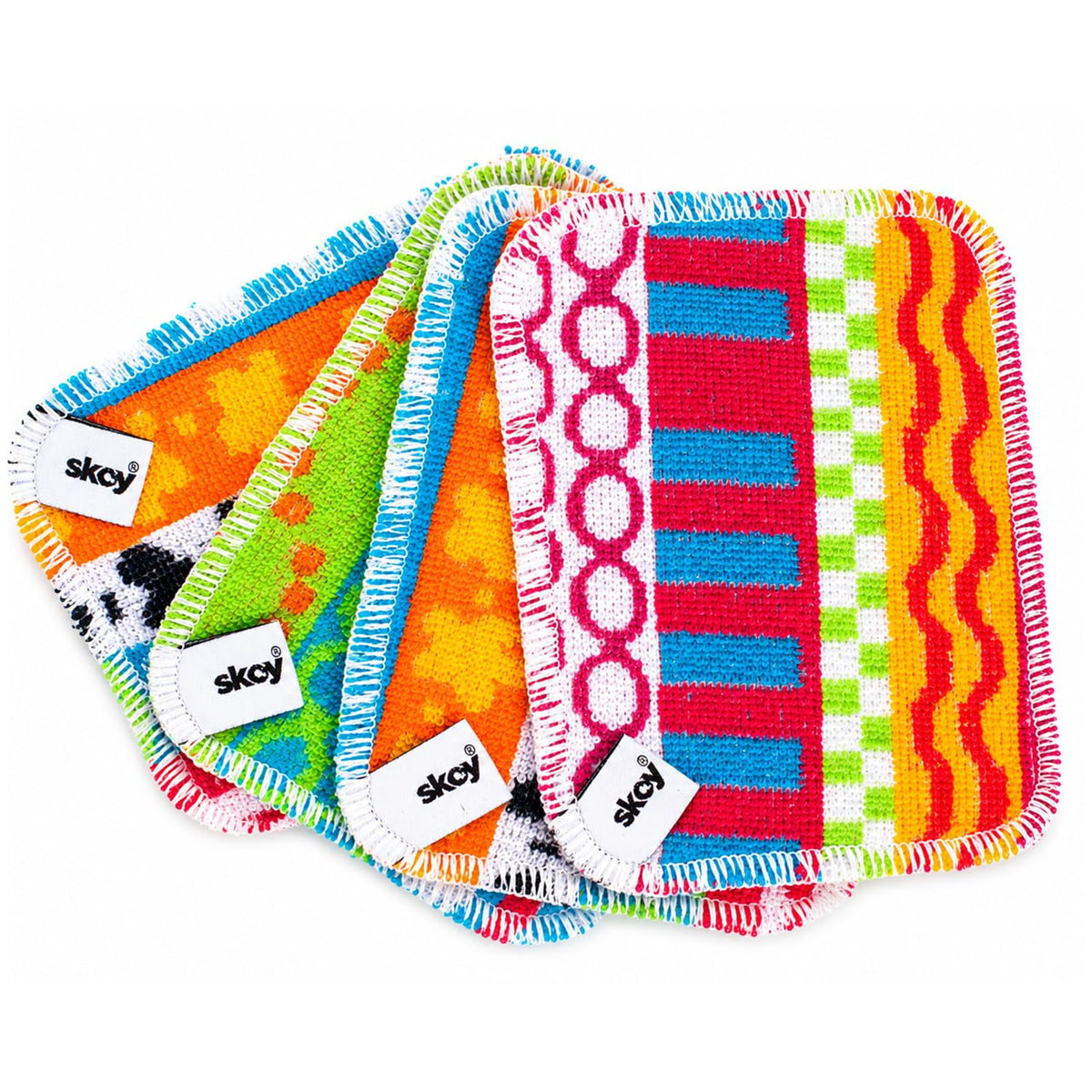 Skoy Scrub, 4-Pack Reusable, Non-Scratching Dish Scrubber for Kitchen and Household Cleaning, Planet-Friendly, Dishwasher Safe Soft Scrub, Assorted Colors and Designs