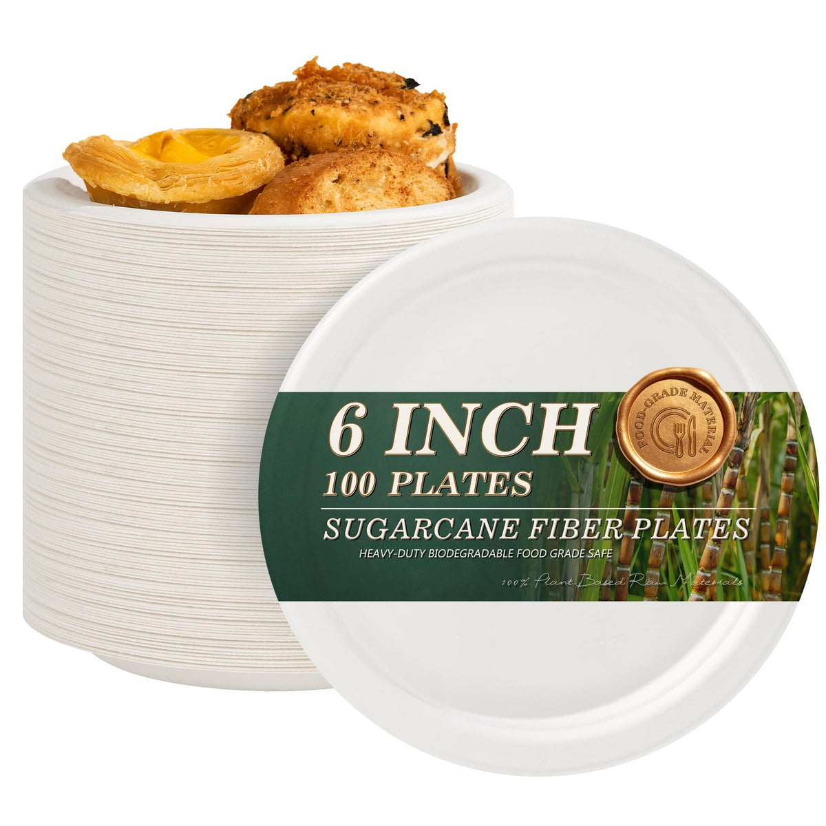 Pulvoro 6 Inch Compostable Small Paper Plates White 100 Count Heavy Duty | Disposable Dessert Plates, Biodegradable Sugarcane Bagasse, For Cake, Snacks, Kids Meals & Parties, Microwave Safe