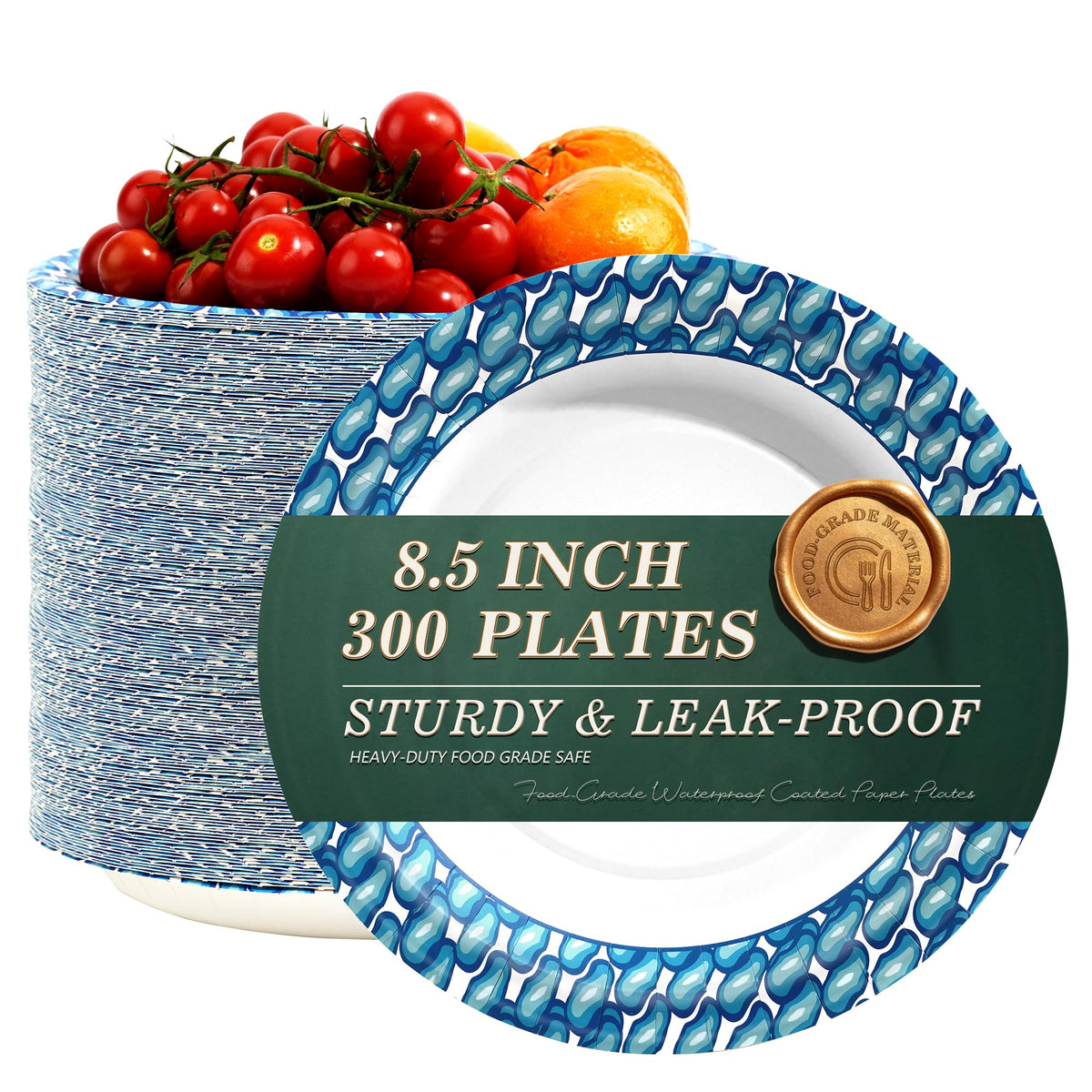 Pulvoro Paper Plates 8.5 Inch 300 Count Disposable Printed Plates | Cut Resistant, Soak Proof, Heavy Duty Printed Paper Plates, for Camping, Parties, Family Gathering and Daily Use