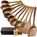 Hefild Wooden Spoons for Cooking, 10-Piece Acacia Wood Cooking Utensil Set | Spoons and spatulas stir, mix, flip and serve; balanced handles offer control while staying gentle on nonstick cookware.