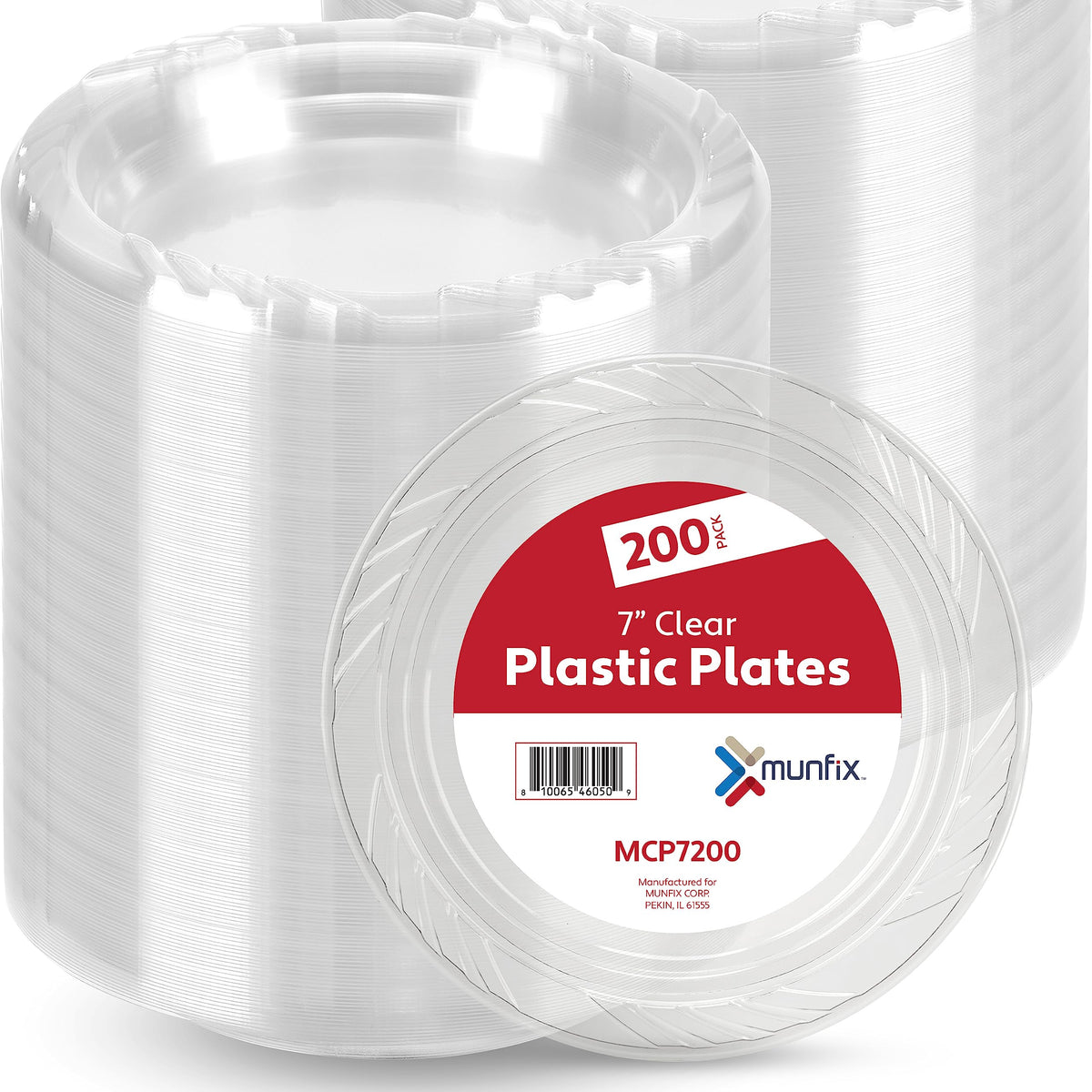 Munfix 7 Inch Clear Plastic Salad Plates Set 200 Bulk Pack Disposable | Cake Plates for Dessert & Appetizers, Parties, BBQ, Picnic Party, Travel and Events, Microwavable Recyclable