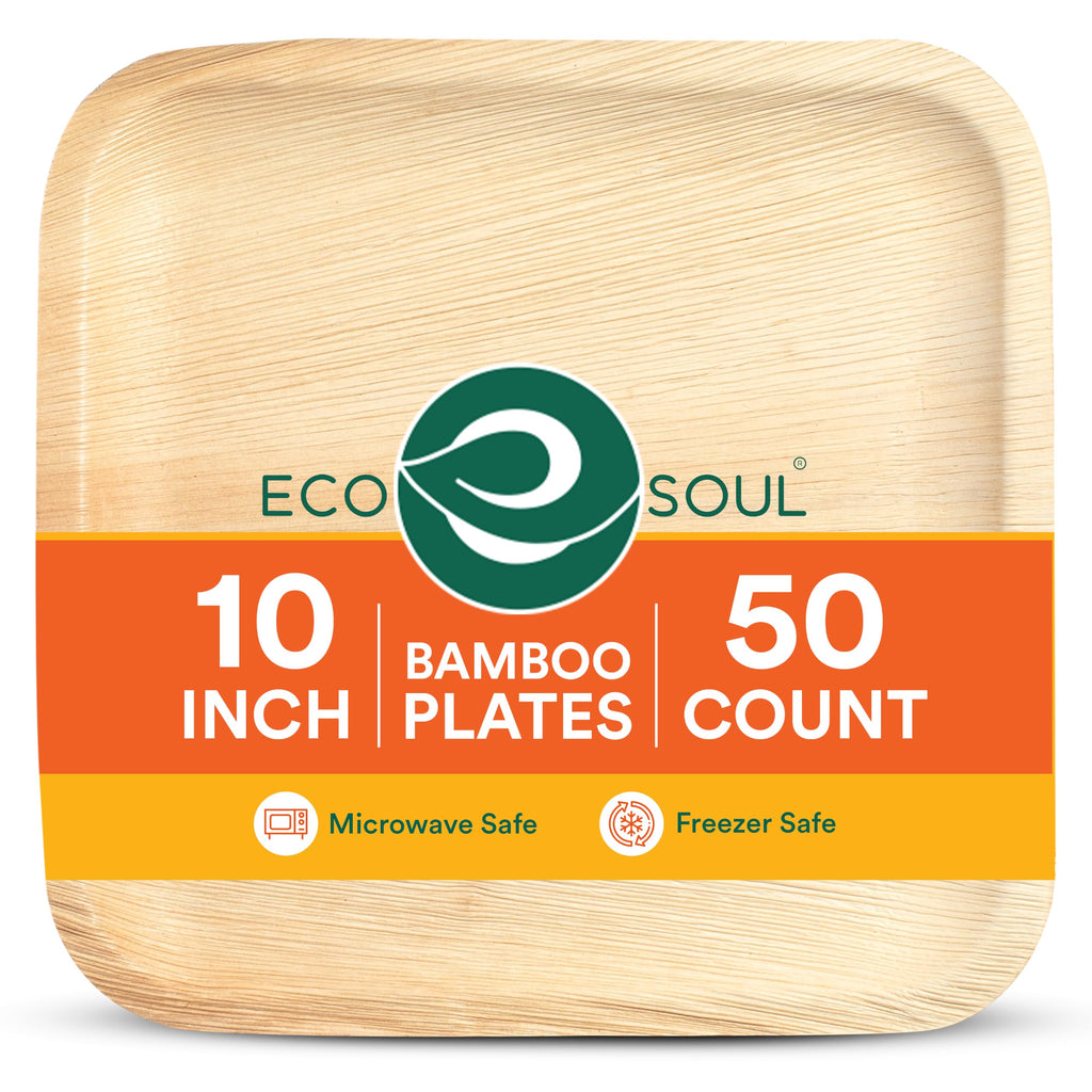 ECO SOUL 10 Inch Disposable Bamboo Plates (50 Pack, Square) | Premium, Natural, Food-Safe, Heavy Duty, Compostable, Eco-Friendly, Biodegradable, Best For Events, Parties, Weddings, BBQs