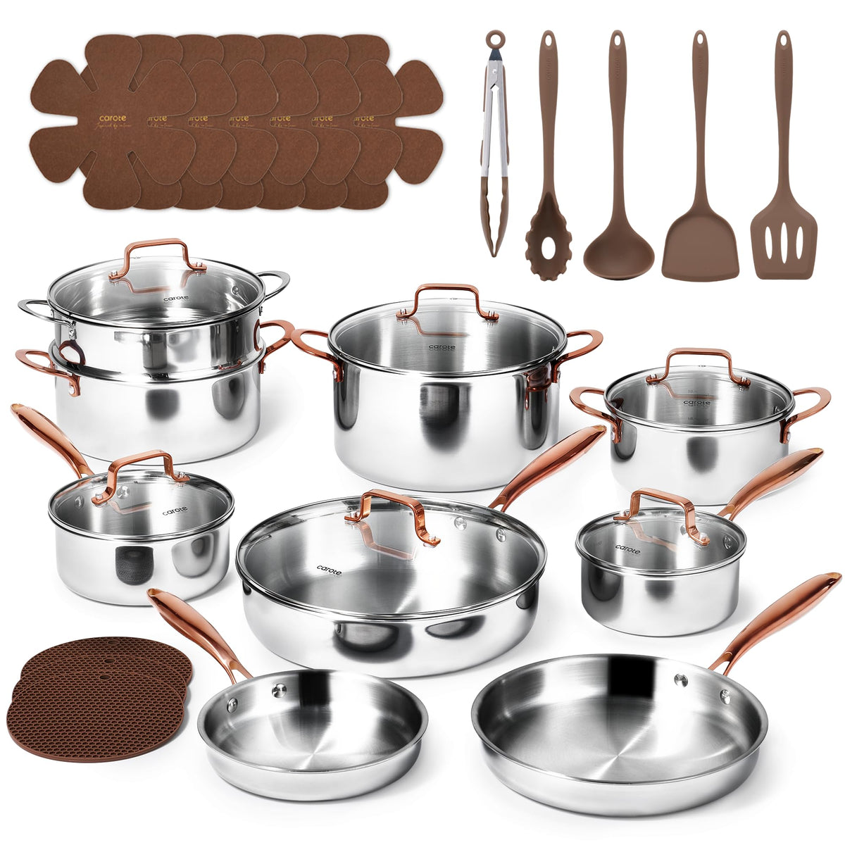 CAROTE 30 PCS Tri-Ply Stainless Steel Cookware Set Pots and Pans Set