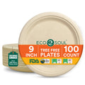 ECO SOUL 9 Inch Disposable Bagasse Paper Plates (100 Pack, Round) | Natural, Compostable, 100% Virgin Bagasse Pulp, Heavy Duty, Biodegradable, Microwave Safe, Food Safe, Eco-Friendly