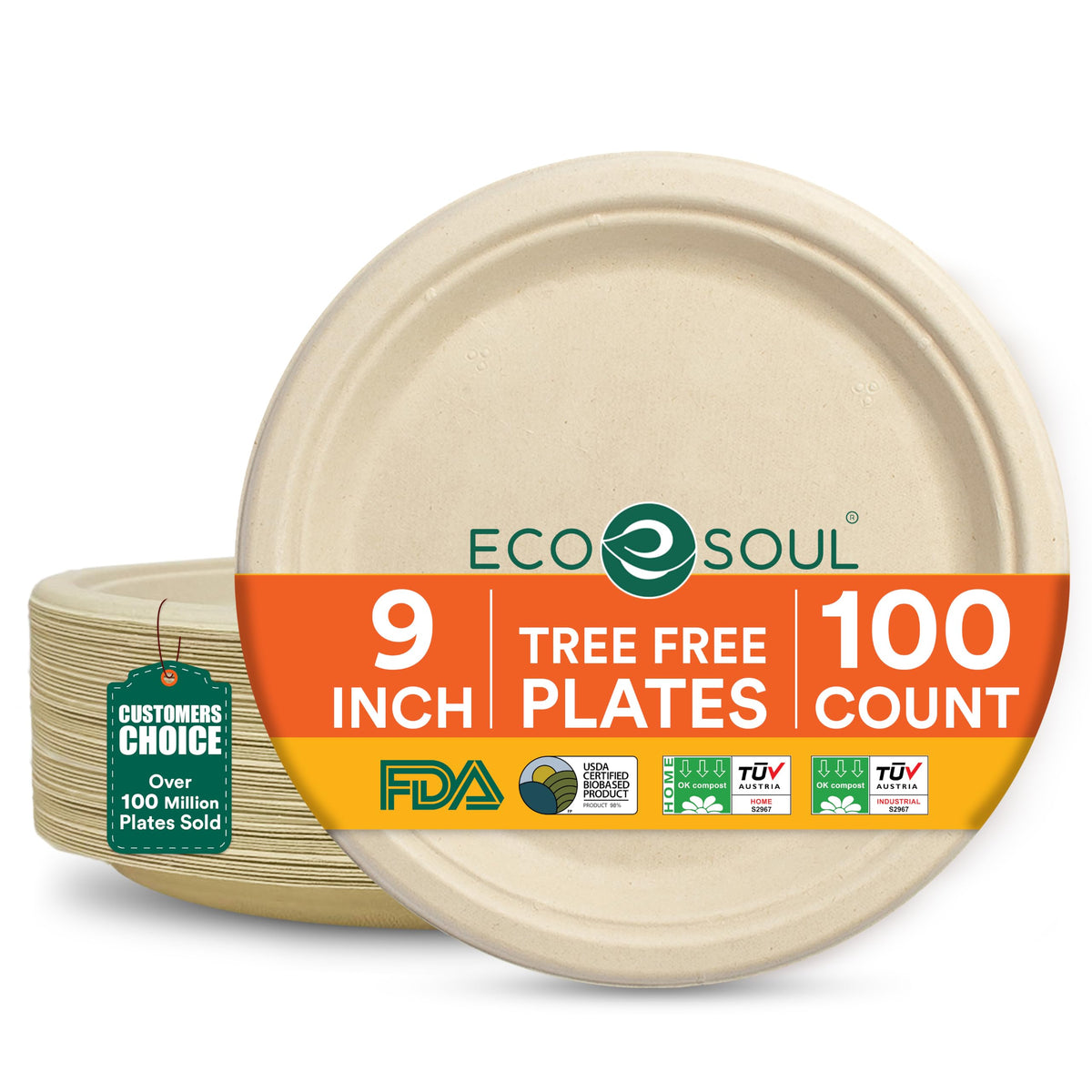 ECO SOUL 9 Inch Disposable Bagasse Paper Plates (100 Pack, Round) | Natural, Compostable, 100% Virgin Bagasse Pulp, Heavy Duty, Biodegradable, Microwave Safe, Food Safe, Eco-Friendly